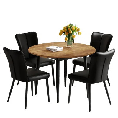 Modern 5-Piece Extendable Round Dining Set, Wood MDF Table to Oval & 4 Black PU Chairs | Wayfair North America