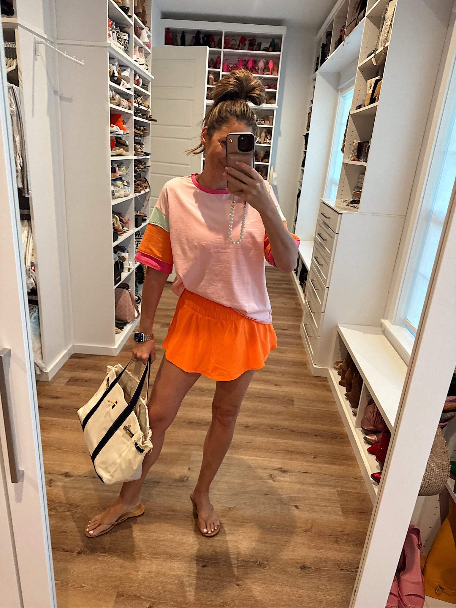 In a small coloblock sleeve tee, medium active skort, sandals and accessories- fits tts. 

#LTKSeasonal #LTKStyleTip #LTKFindsUnder50