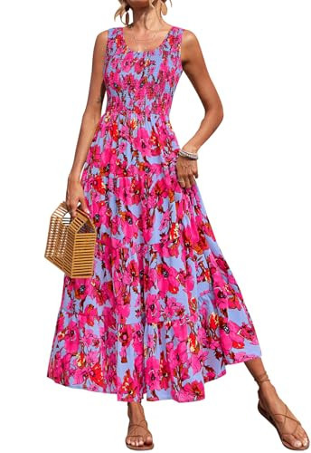 PRETTYGARDEN Sleeveless Smocked Dress Women Square Neck High Waist Floral Summer Wedding Guest Dresses for Women 2026 (Floral Purple Red, Small) | Amazon (US)