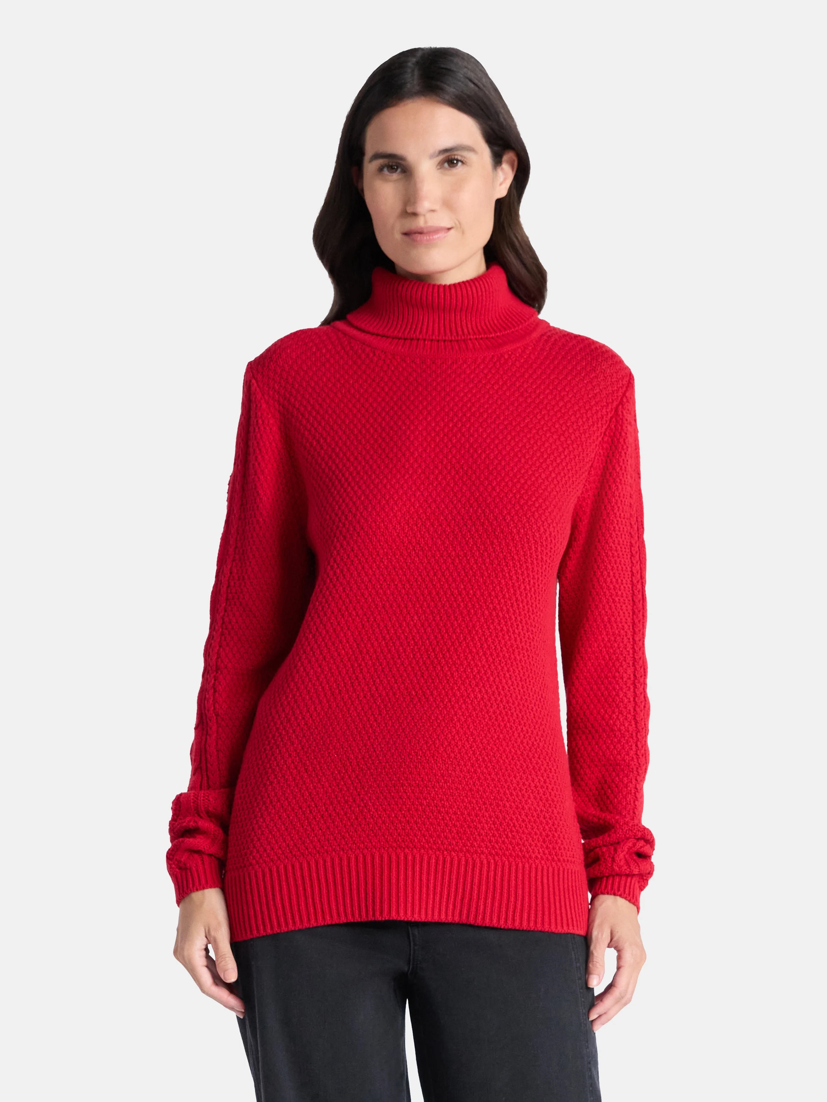 Time and Tru Women’s and Women’s Plus Turtleneck Sweater with Cable Sleeves, Midweight, Sizes... | Walmart (US)