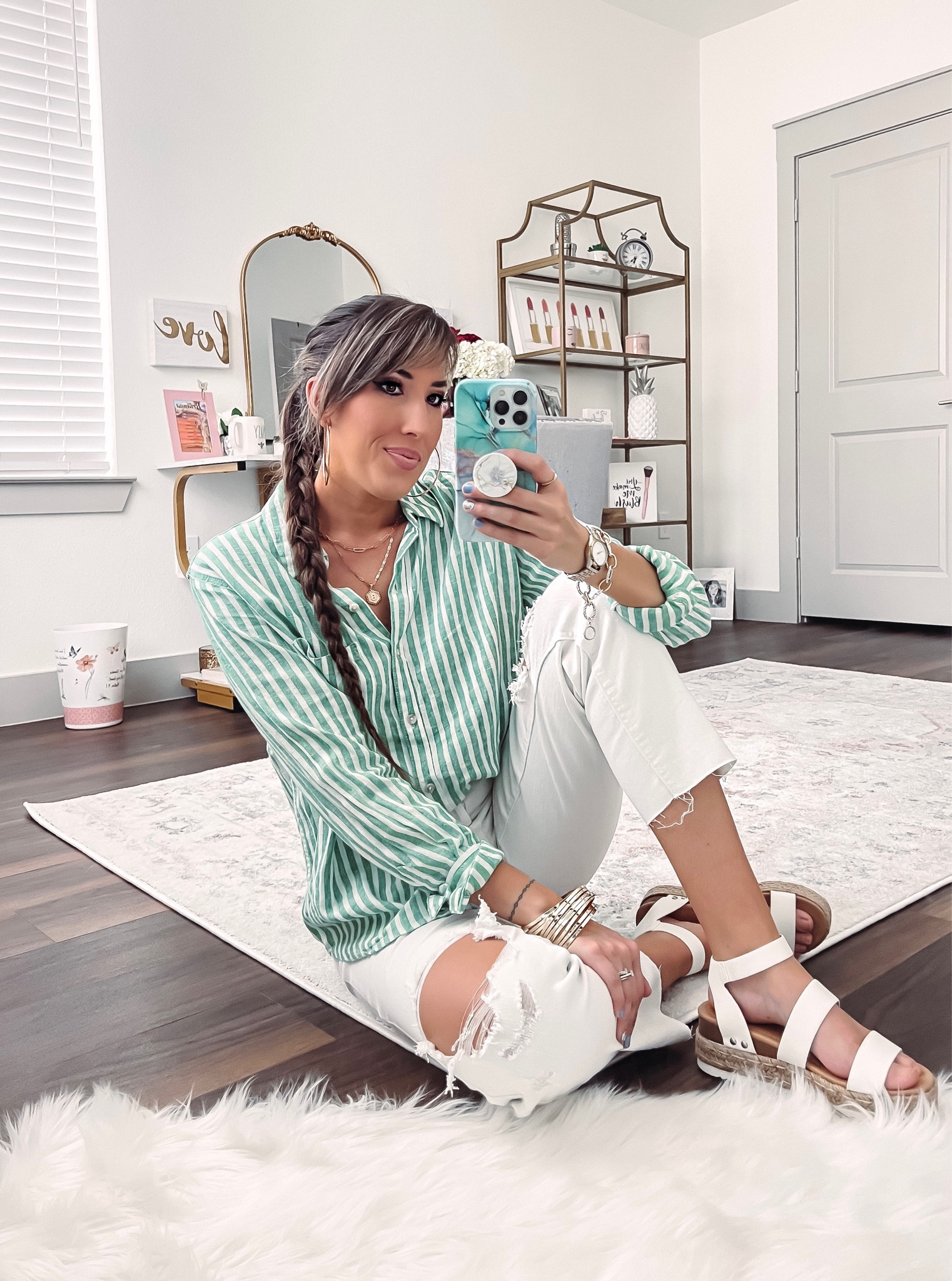 White striped button up. White denim jeans. Gold bracelets. Gold bangles. Bangles. Spring look. 

#LTKSeasonal #LTKFind #LTKSale