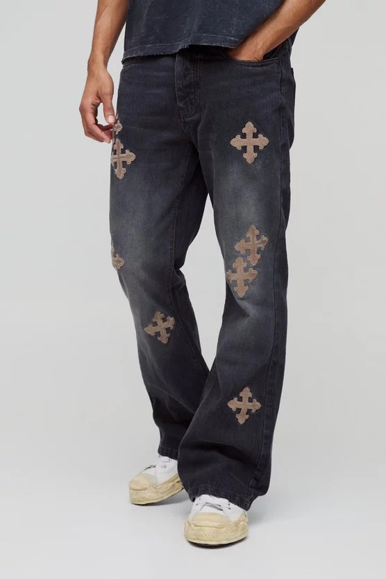 Slim Rigid Flare Cross Embroidered Jeans | boohooMAN (US & Canada)
