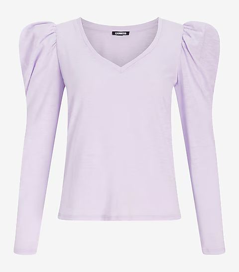 V-Neck Puff Shoulder Long Sleeve Tee | Express