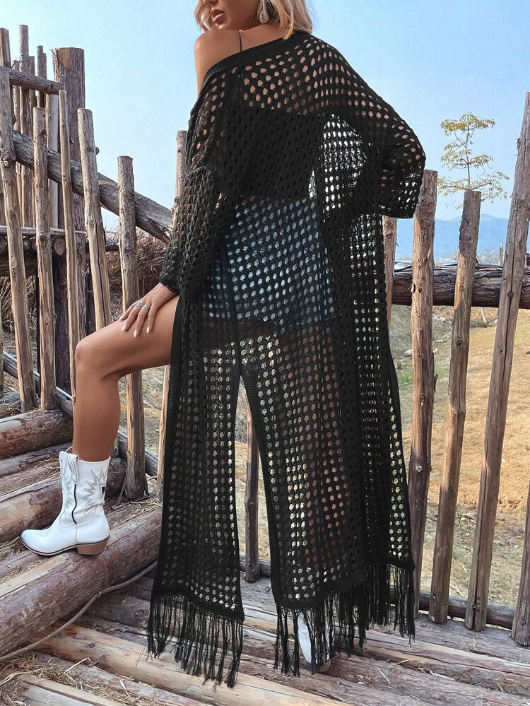 Hollow Out Fringe Hem Drop Shoulder Open Knit Kimono | SHEIN