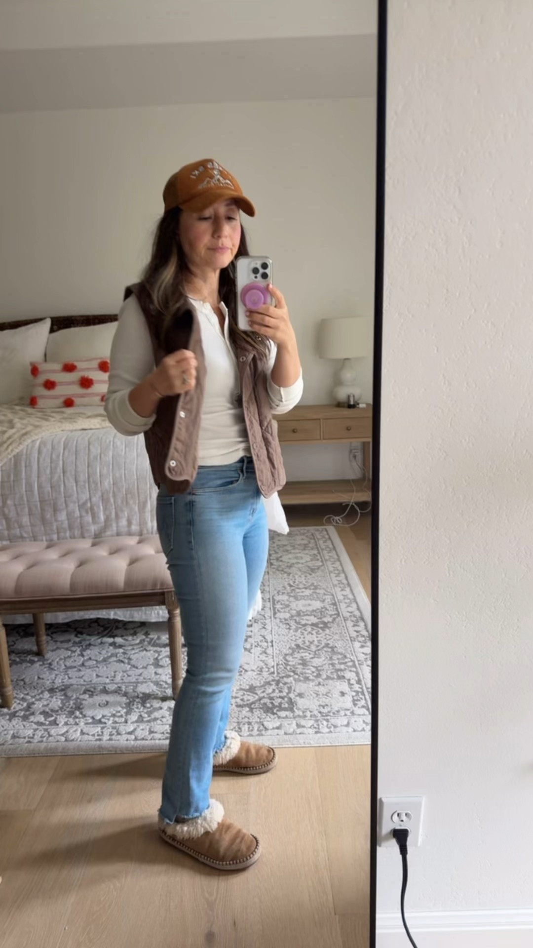 Casual fall outfit. Jeans and a white thermal with puffer vest and hat  

#LTKPetite #LTKOver40