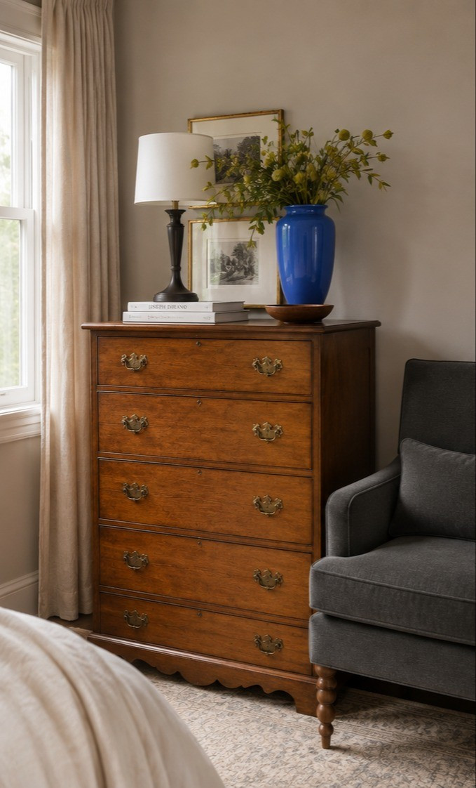 Styling a vintage dresser. Tall dresser. Bedroom decor. Blue ceramic vase. Turned wood leg accent chair. Coffee table books. Design book. Table lamp. Sketch art prints

#LTKSeasonal #LTKHome #LTKSaleAlert