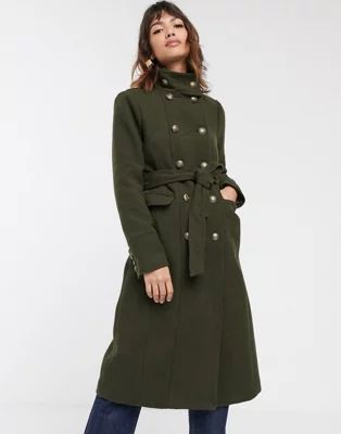 Warehouse funnel neck military tailored coat in khaki | ASOS US