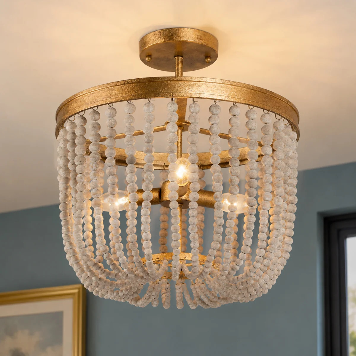 3-Light Boho Farmhouse Semi Flush Mount Ceiling Light With Handcrafted Distressed Wood Beads | Wayfair North America