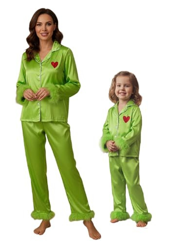 Seyurigaoka Mommy and Me Matching Christmas Pajamas Set Green Feather Xmas Pjs 2 Piece Heart Silk Satin Jemmies for Women Girl (Girls, 12-24 Months, Heart Green) | Amazon (US)