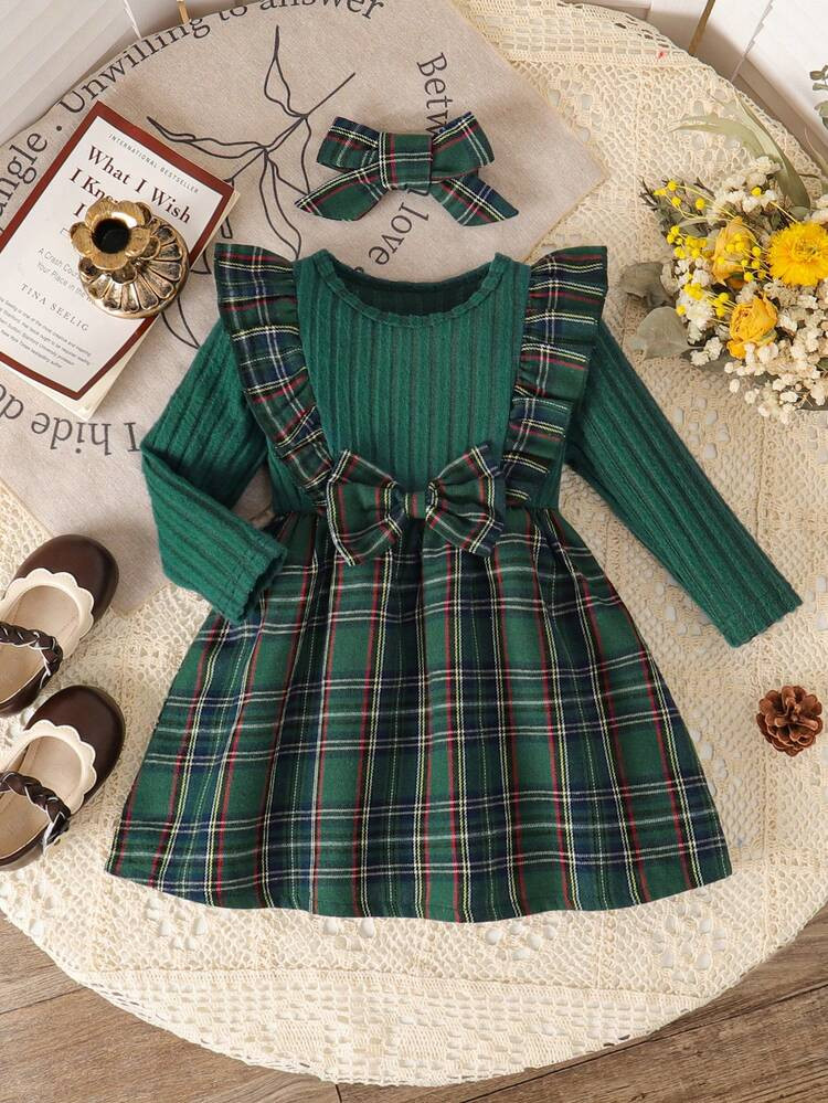 Baby Girls Christmas Ruffle Bow Patchwork Vintage Plaid Long Sleeve Round Neck Dress With Headban... | SHEIN