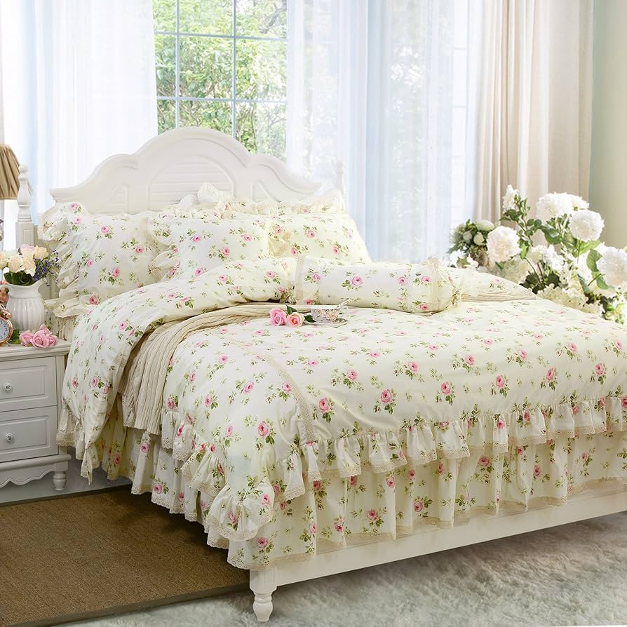 FADFAY Rosette Floral Print Duvet Cover Set Princess Lace Ruffle Bedding Set for Girls 3 Pieces F... | Amazon (US)