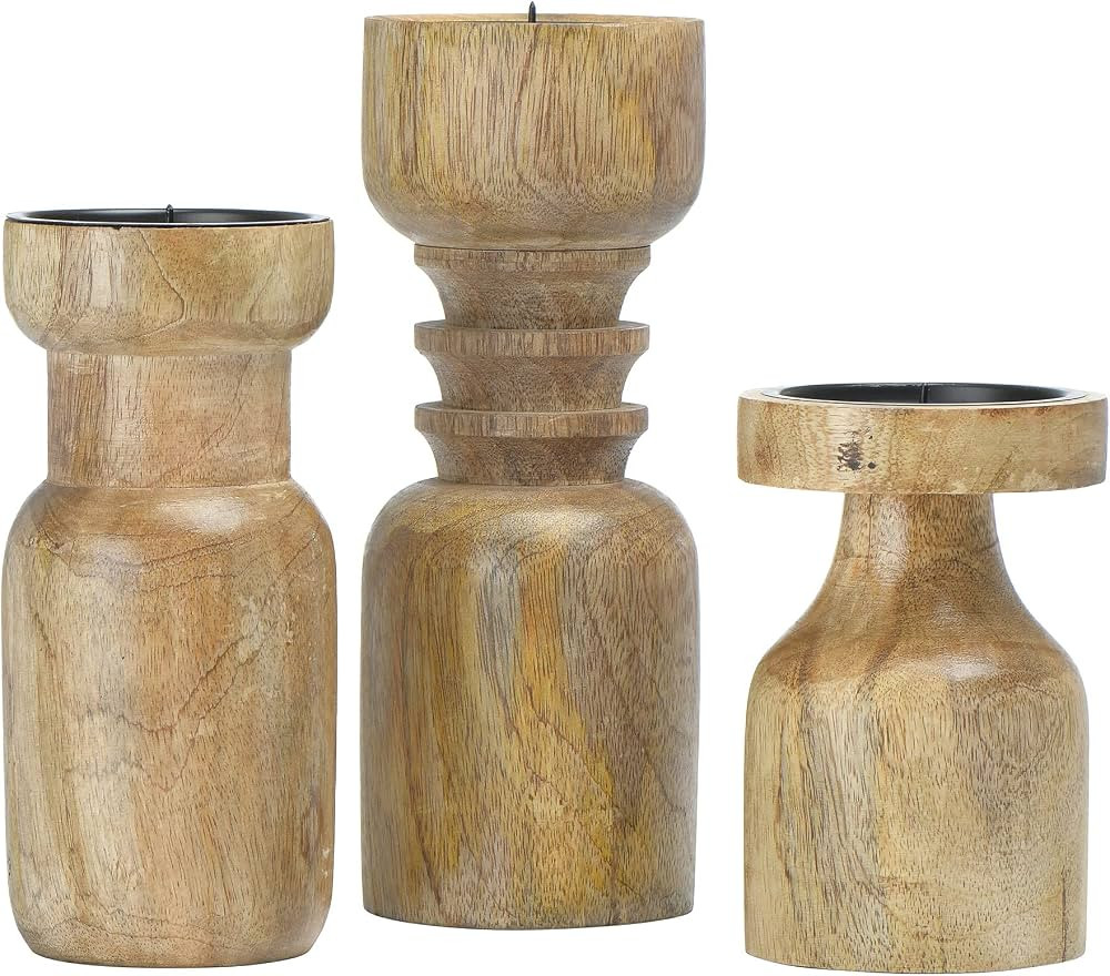 Turned Wood Pillar Candle Holders, Set of 3 | Amazon (US)