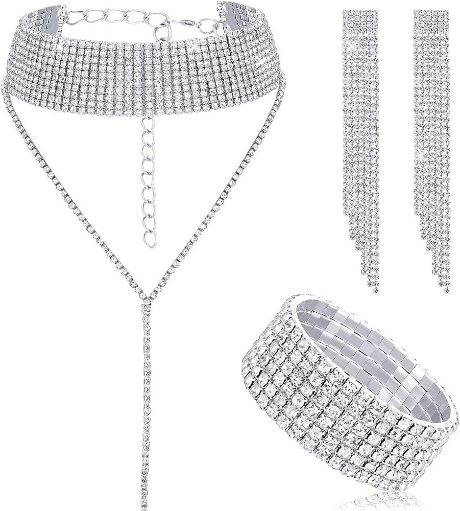 3 Pieces Women Rhinestone Jewelry Set Rhinestone Tassel Choker Necklace Fringe Bracelet Crystal D... | Amazon (US)