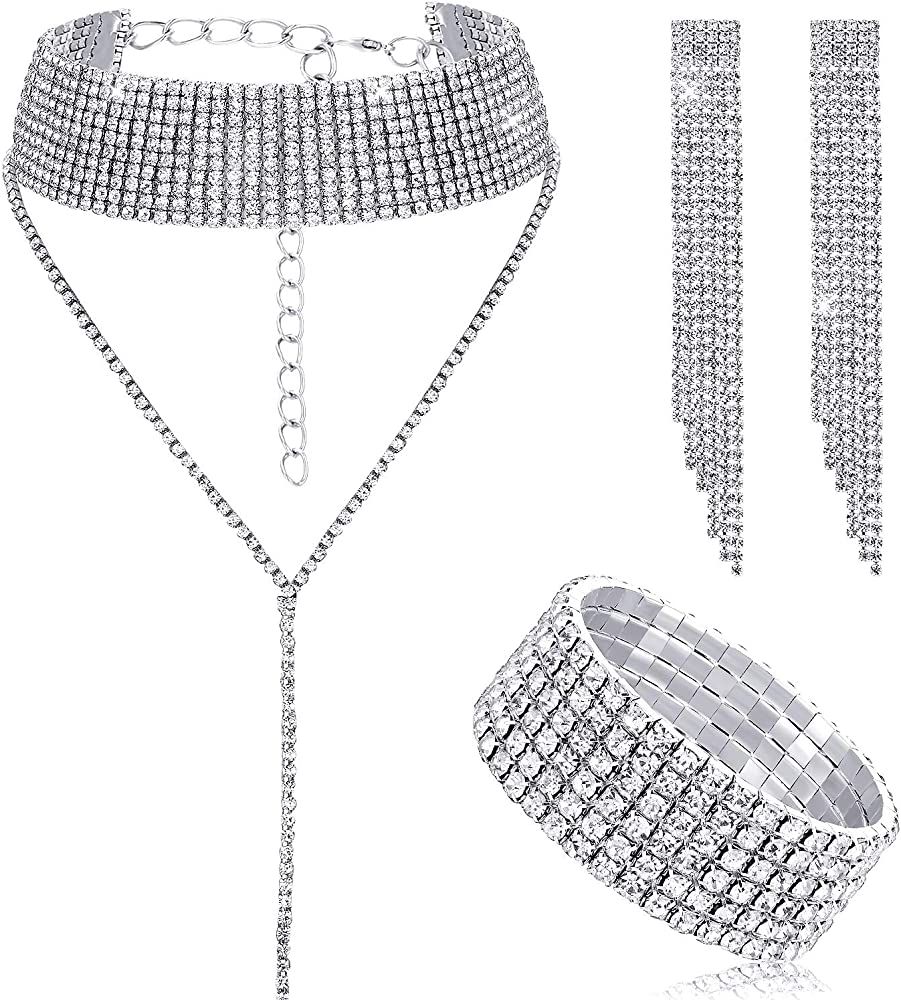 3 Pieces Women Rhinestone Jewelry Set Rhinestone Tassel Choker Necklace Fringe Bracelet Crystal D... | Amazon (US)