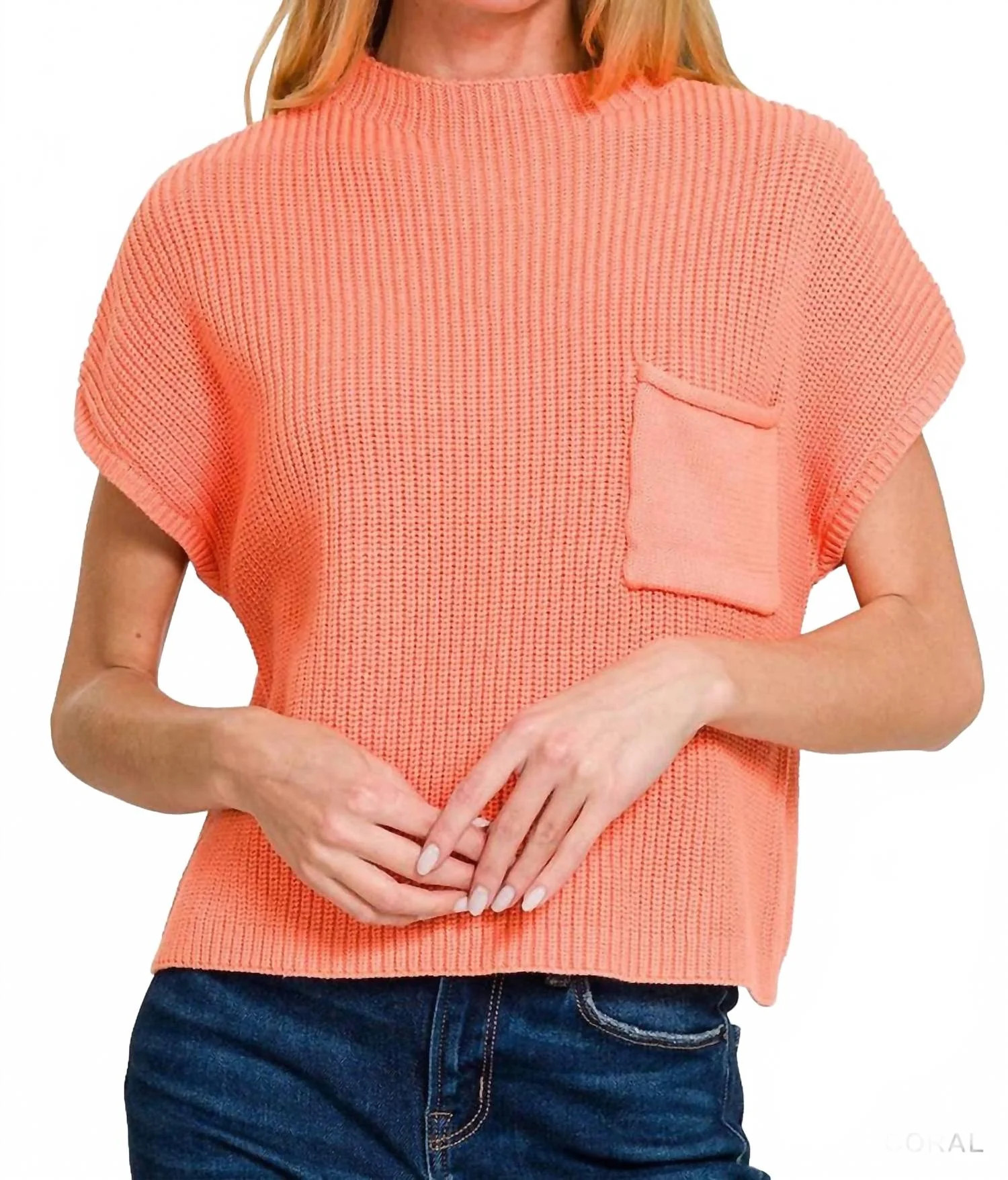 Mock Neck Short Sleeve Sweater Top In Coral | Shop Simon