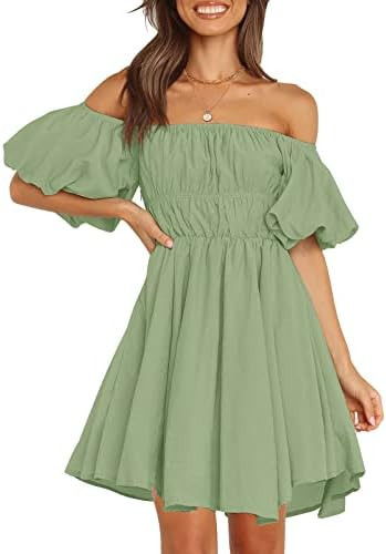 MEROKEETY Women's Puff Sleeve Off Shoulder A Line Dress Ruffle Shirred Summer Mini Dress with Poc... | Amazon (US)