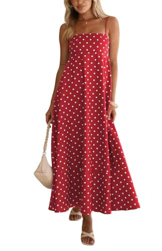 chouyatou Women's 2026 Vintage Polka Dot Maxi Dress Back Smocked Spaghetti Strap Ruffle Hem Swing Long Dress (Medium, Red) | Amazon (US)