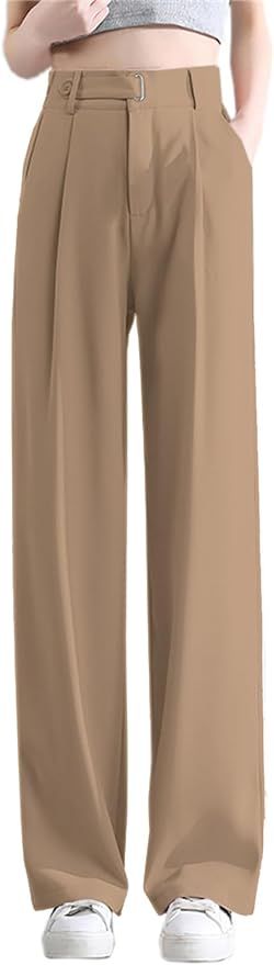 Betusline Women's Half Elastic Waist Straight Leg Trousers Office Dress Pants, X-Small - X-Large | Amazon (US)
