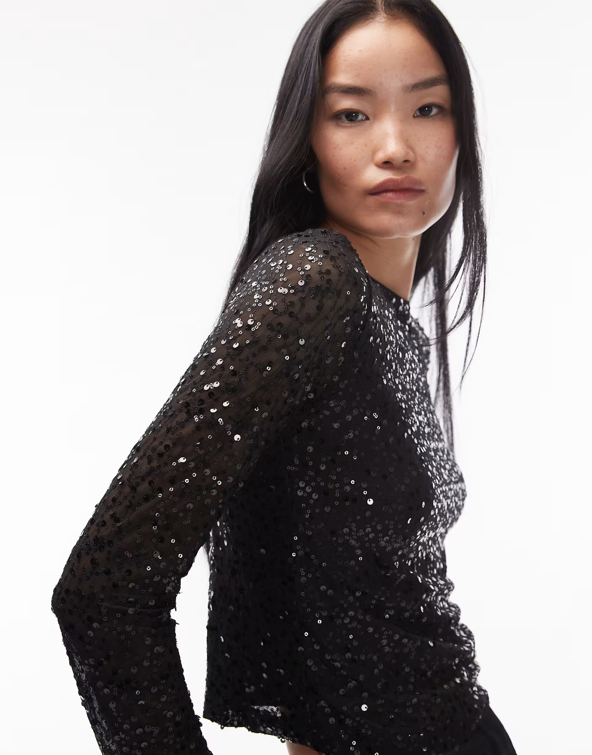 ASOS DESIGN wiggle sequin sheer mesh long sleeve top in black | ASOS | ASOS (Global)