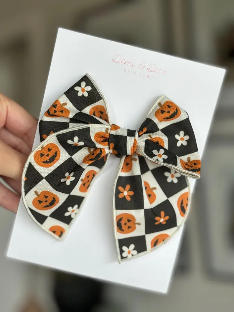 Halloween Hair Bow, Checkered Pumpkin Pigtail Bows, Fall Headband or Clip for Baby, Toddler & Gir... | Etsy (Global)