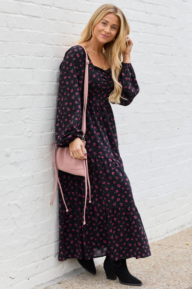 Maureen Black Floral Maxi Dress | Pink Lily