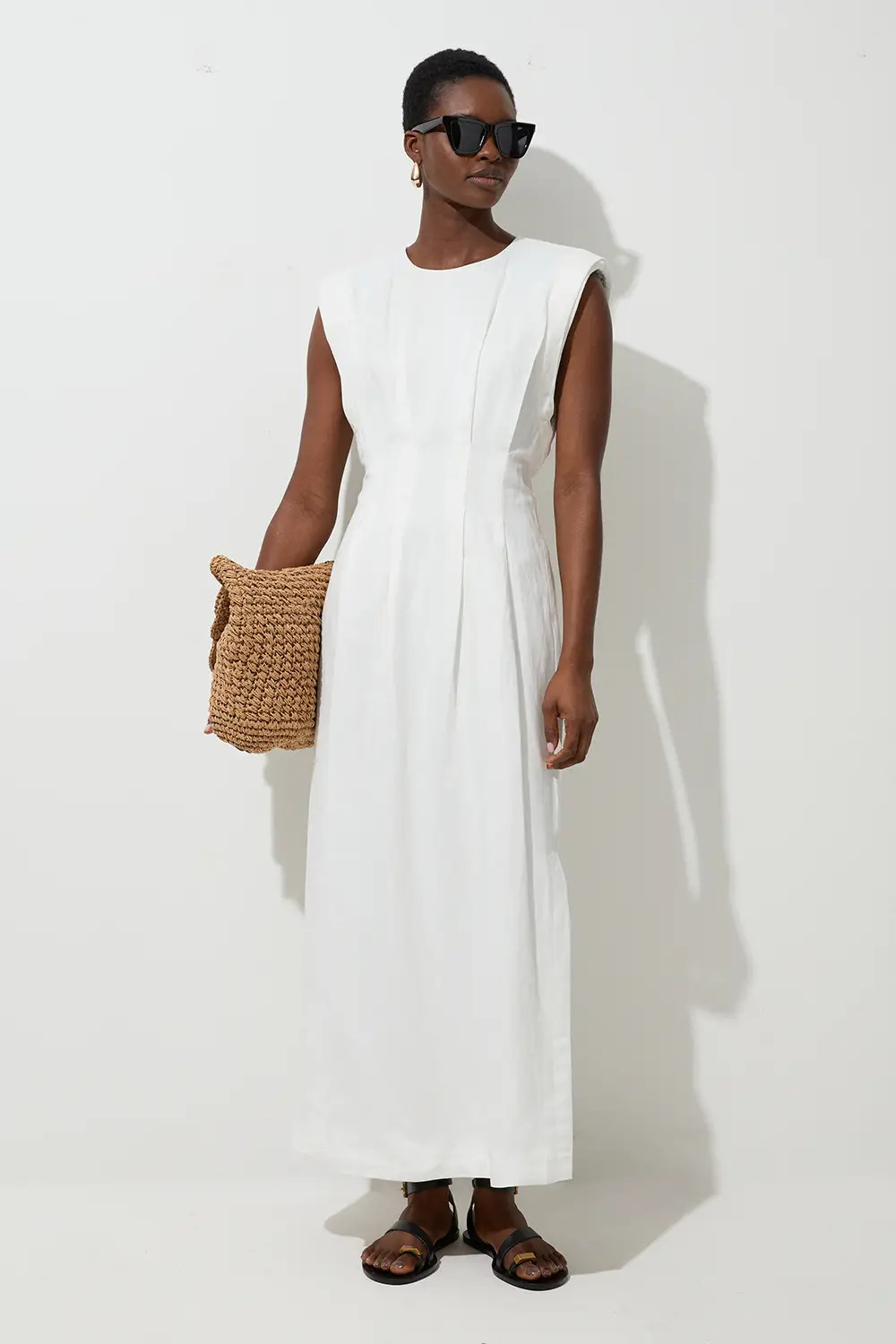 Viscose Linen Woven Pintuck Midi Dress | Karen Millen