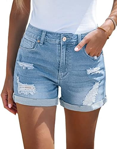 LookbookStore Women's High Waisted Rolled Hem Distressed Jeans Ripped Denim Shorts | Amazon (US)