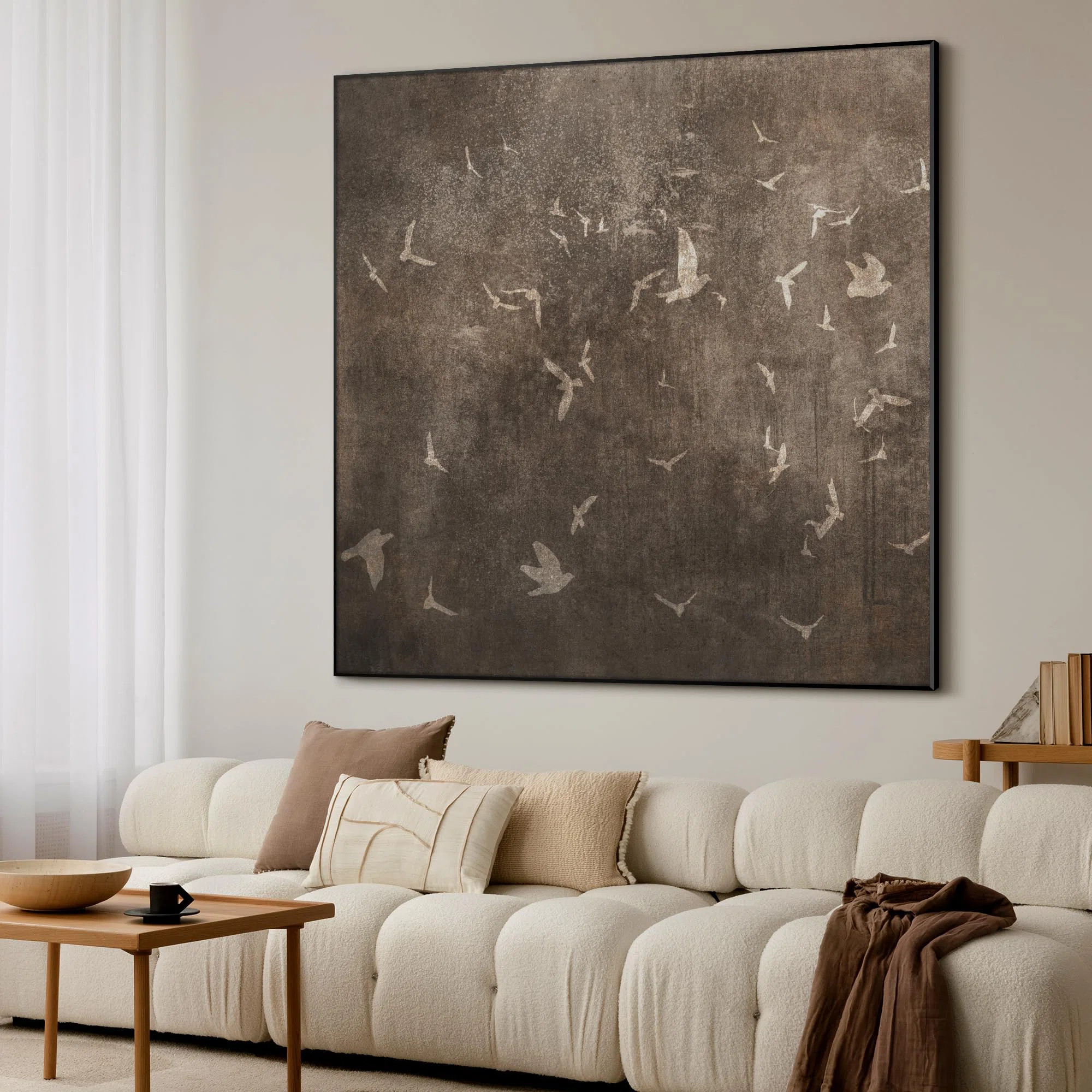 Extra Large Wall Art Fabric Print - Rustic Bird Silhouettes Minimalist Flying Birds Illustration ... | Wayfair North America