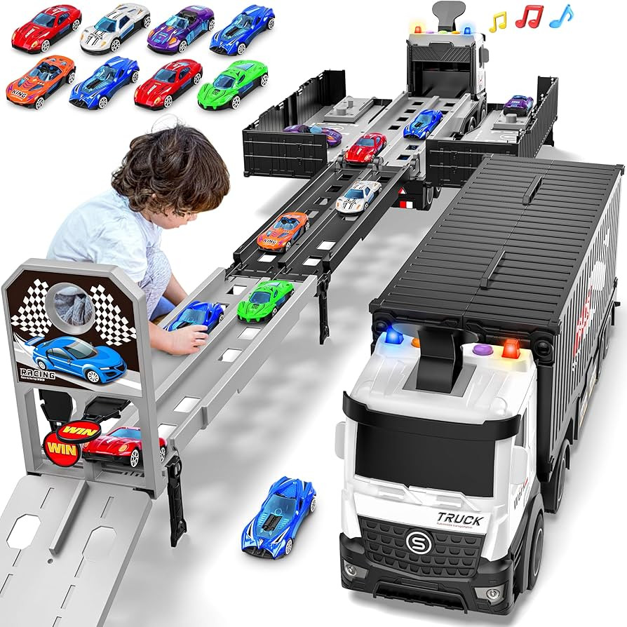 Carrier Truck Race Track Boys Toys, Foldable 3 Layer Car Race Track Playset, Toy Truck Transport ... | Amazon (US)