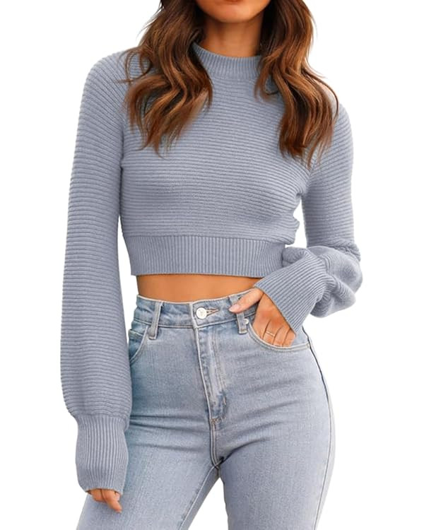 GeGekoko Womens Sexy Crew Neck Cropped Sweaters Ribbed Knit Long Sleeve Crop Tops Pullover | Amazon (US)