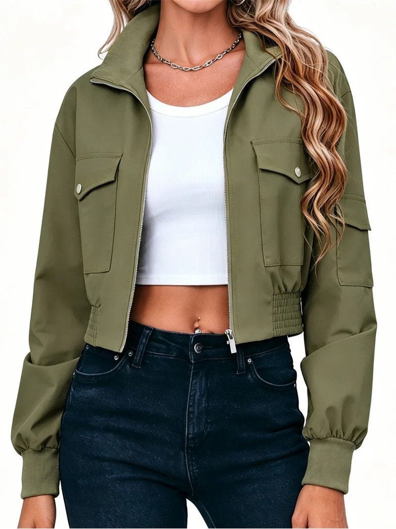 Long Sleeve Stand Collar Solid Women Zipper Bomber Jacket Motorcycle Crop Coat | Walmart (US)
