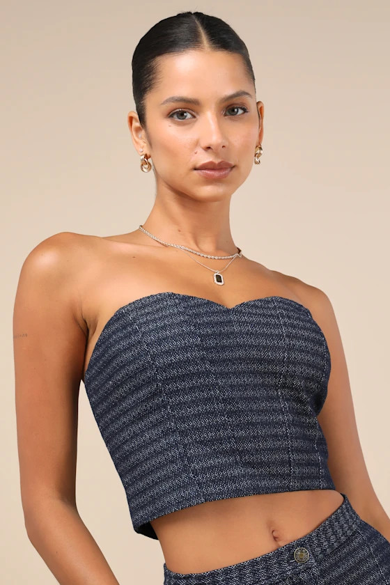 Carefree Fantasy Navy Blue Tweed Strapless Crop Top | Lulus