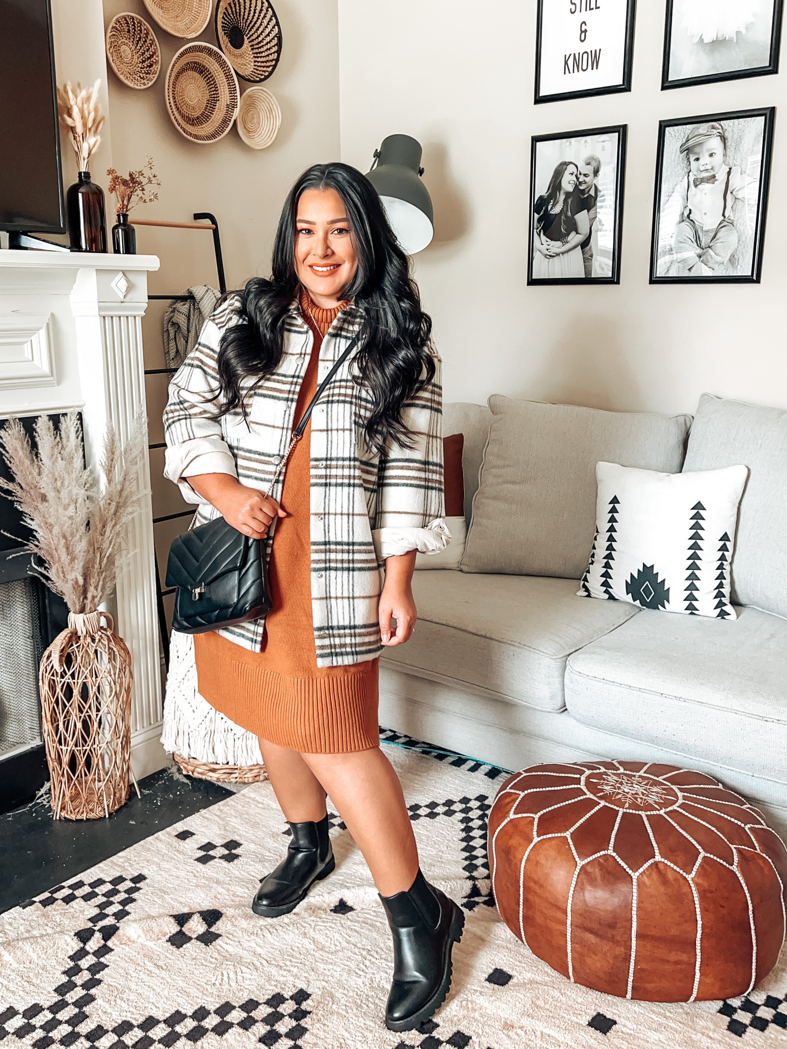 Womens fall outfit. Fall look. Plaid shacket outfit. Sweater dress. Sweater vest dress. Rust dress. Black Chelsea boots. Lug sole boots. Quilted purse. Amazon fashion. 

#LTKunder50 #LTKSeasonal #LTKstyletip