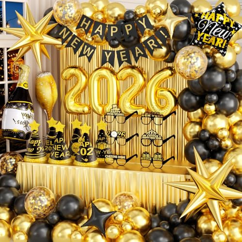 New Years Decorations 2026 Eve Party Supplies with Glasses Hats Black Gold Confetti Balloons 2026 Number Balloons New Year Banner Gold Fringe Curtain Backdrop for Nye Decorations | Amazon (US)