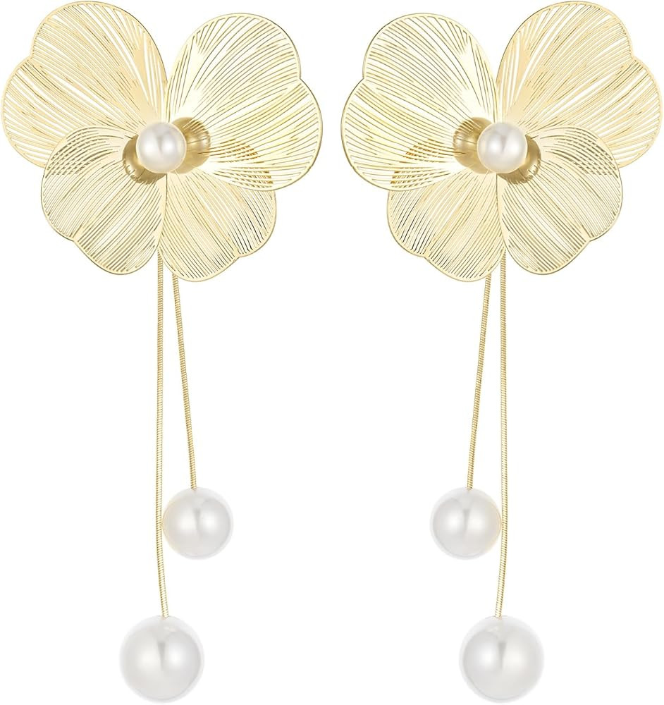Flower Earrings For Women: Big Pearl 925 Sterling Silver Stud 13MM Large Long Dangle Earrings Ear... | Amazon (US)