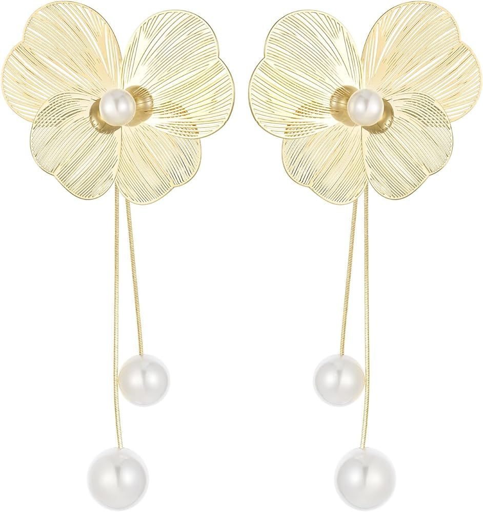 Flower Earrings For Women: Big Pearl 925 Sterling Silver Stud 13MM Large Long Dangle Earrings Ear... | Amazon (US)