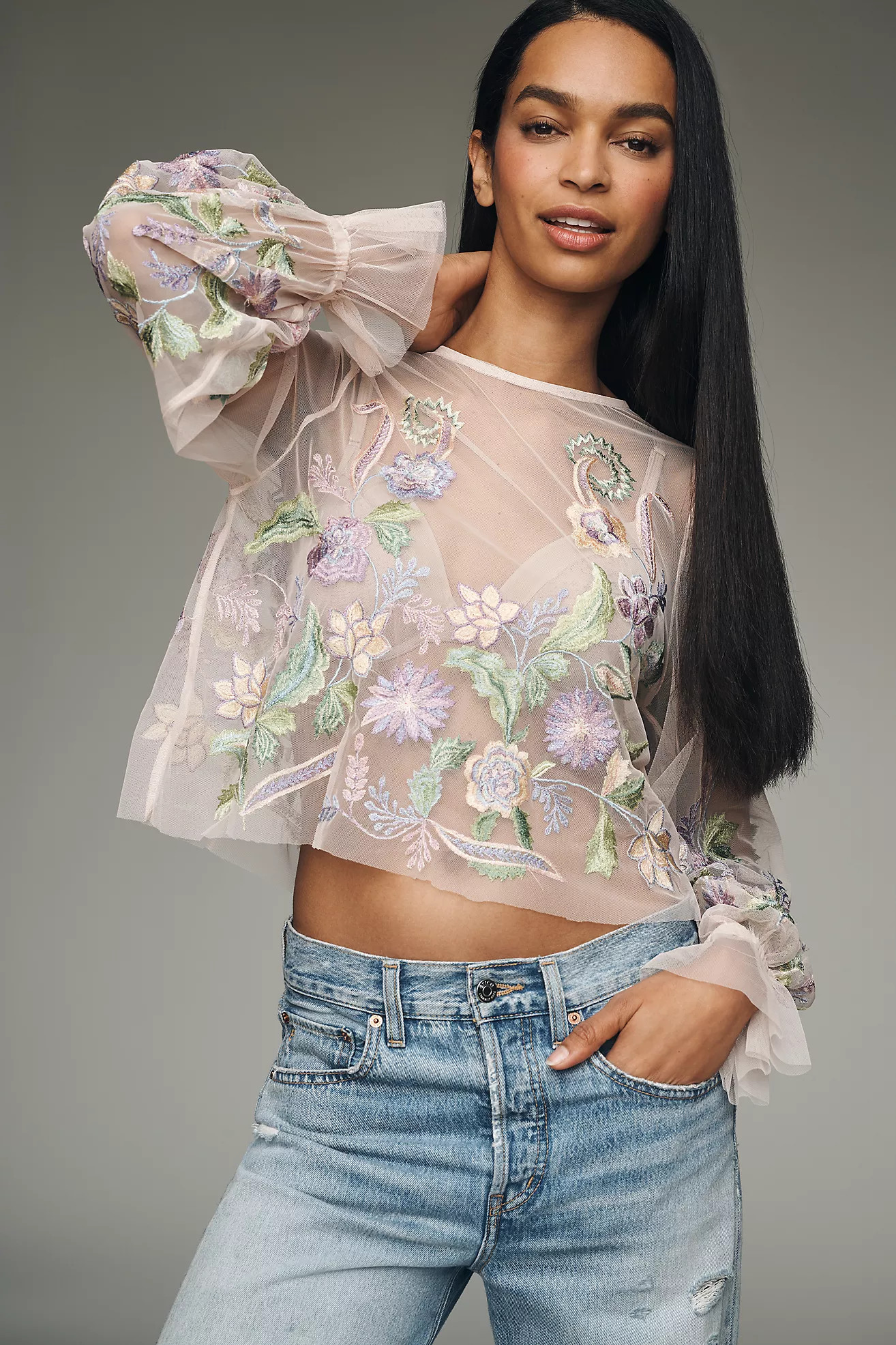 By Anthropologie Long-Sleeve Embroidered Mesh Top | Anthropologie (US)