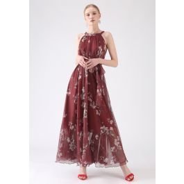 Plum Blossom Watercolor Maxi Slip Dress in Wine | Chicwish