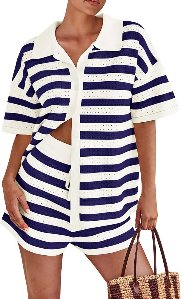PRETTYGARDEN Women's 2 Piece Shorts Sets Casual Summer 2025 Short Sleeve Striped Sweater Set Matc... | Amazon (US)