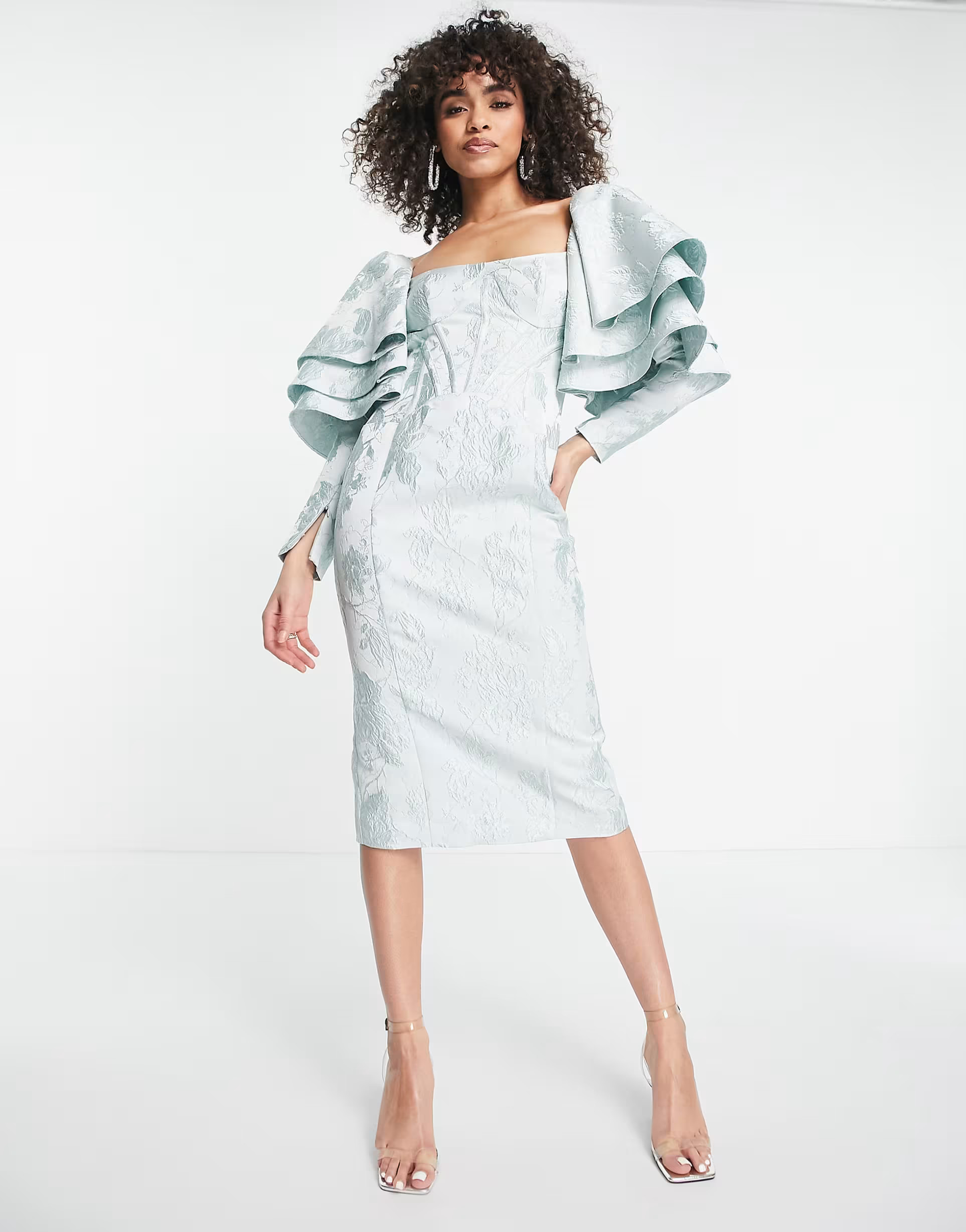 ASOS LUXE jacquard midi dress with triple ruffle shoulder in seafoam | ASOS (Global)