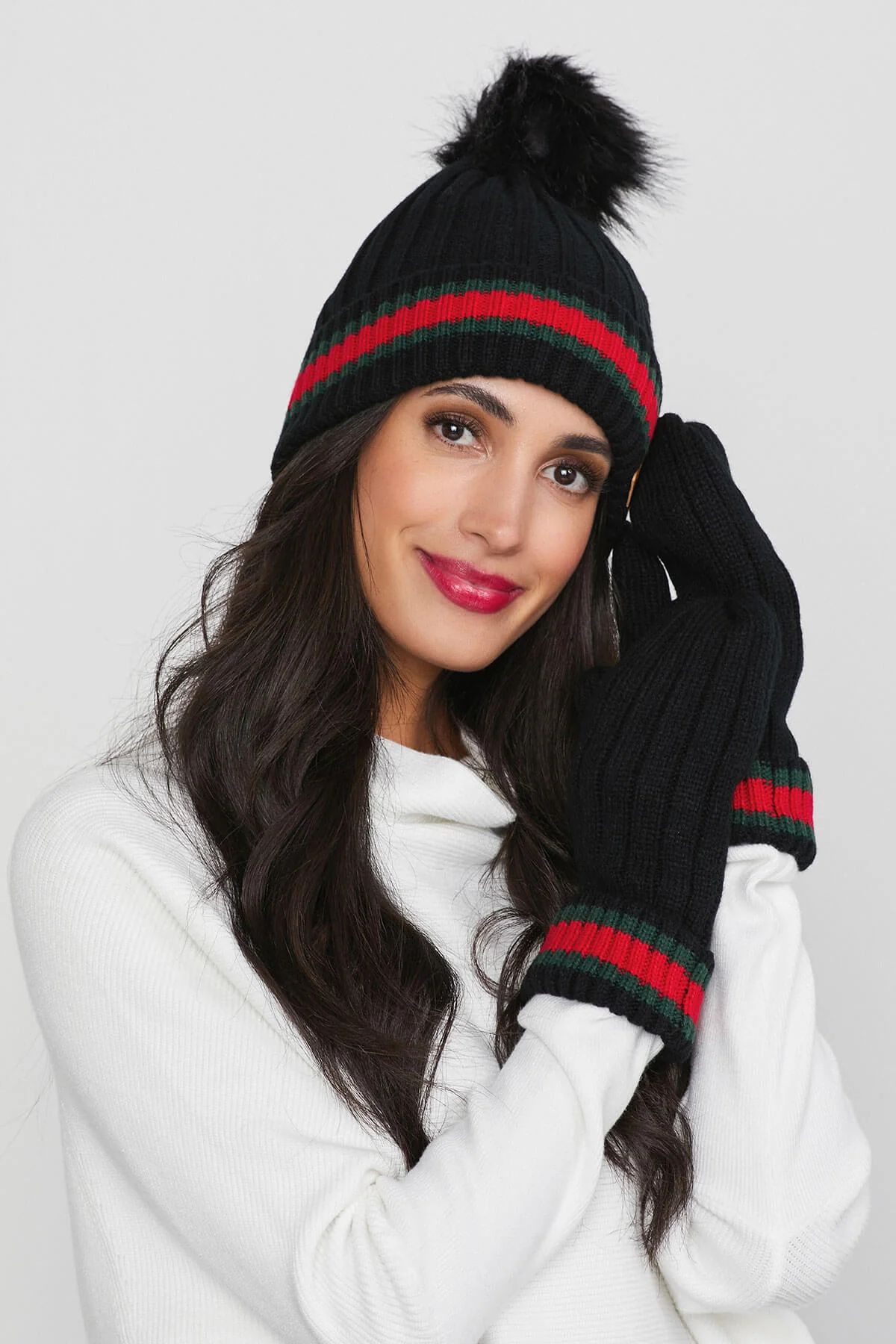 Panache Black with Red/Green Stripe Mittens | Social Threads