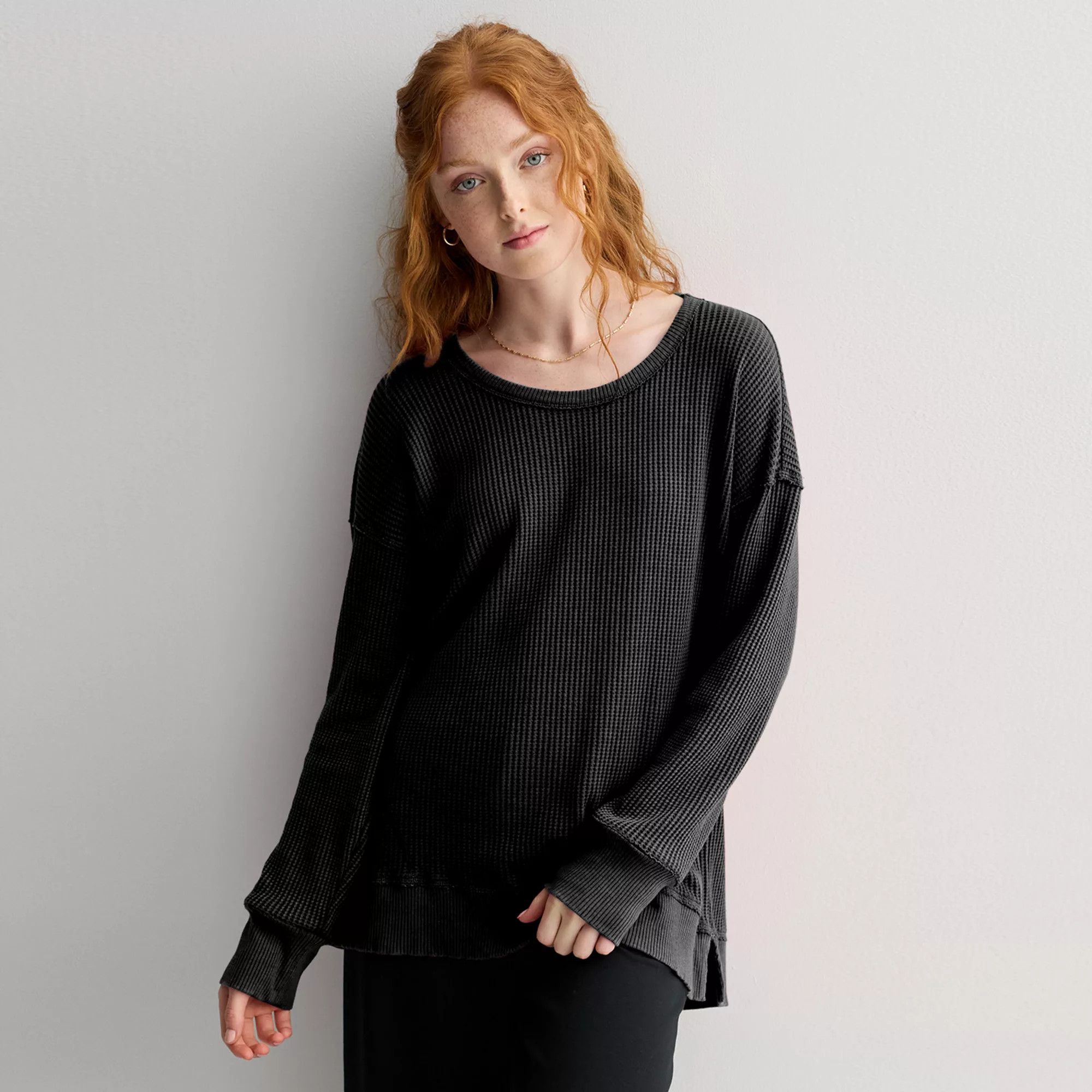 Juniors' SO® Cozy Oversized Waffle Scoop Neck Top | Kohl's