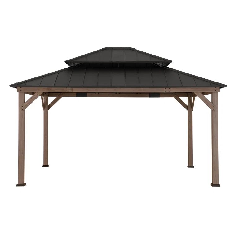 Sunjoy 13 ft. x 15 ft. Cedar Framed Gazebo with Steel 2-tier Hip Roof Hard Top | Wayfair North America