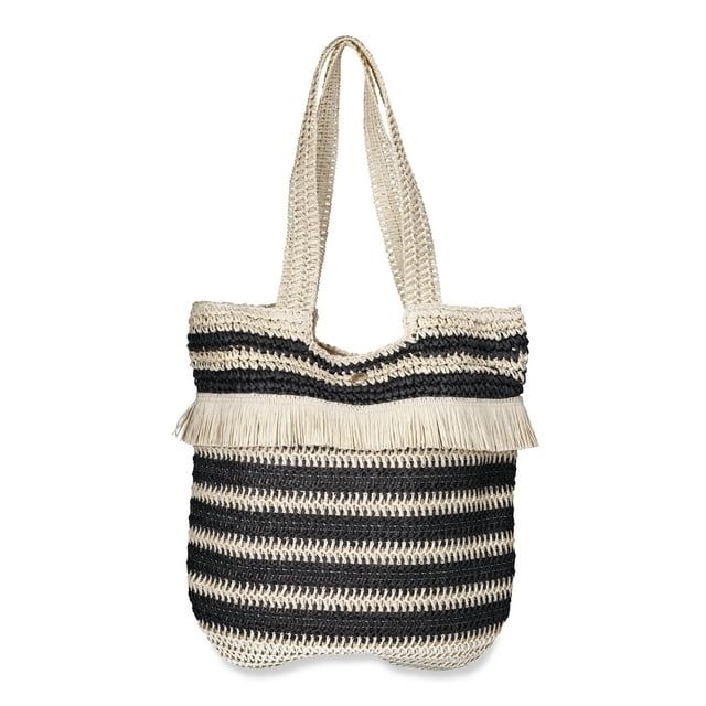 No Boundaries Women's Fringed Woven Straw Tote Bag, Natural/Black Stripe | Walmart (US)