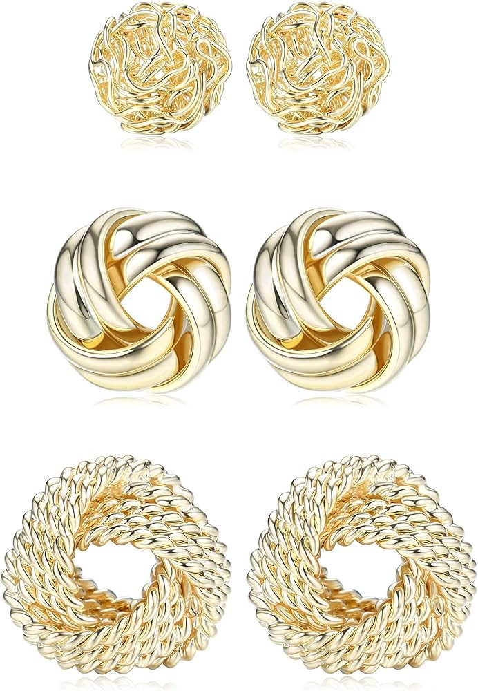 FIBO STEEL 3 Pairs 𝐆𝐨𝐥𝐝 𝐊𝐧𝐨𝐭 𝐄𝐚𝐫𝐫𝐢𝐧𝐠𝐬 for Women M... | Amazon (US)