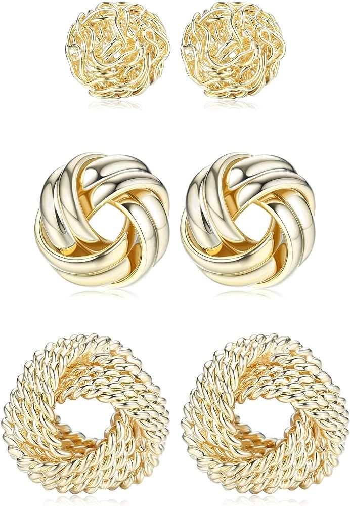 FIBO STEEL 3 Pairs Gold Knot Earrings For Women Men 14K Gold Plated Woven Ball Stud Earrings Simp... | Amazon (US)