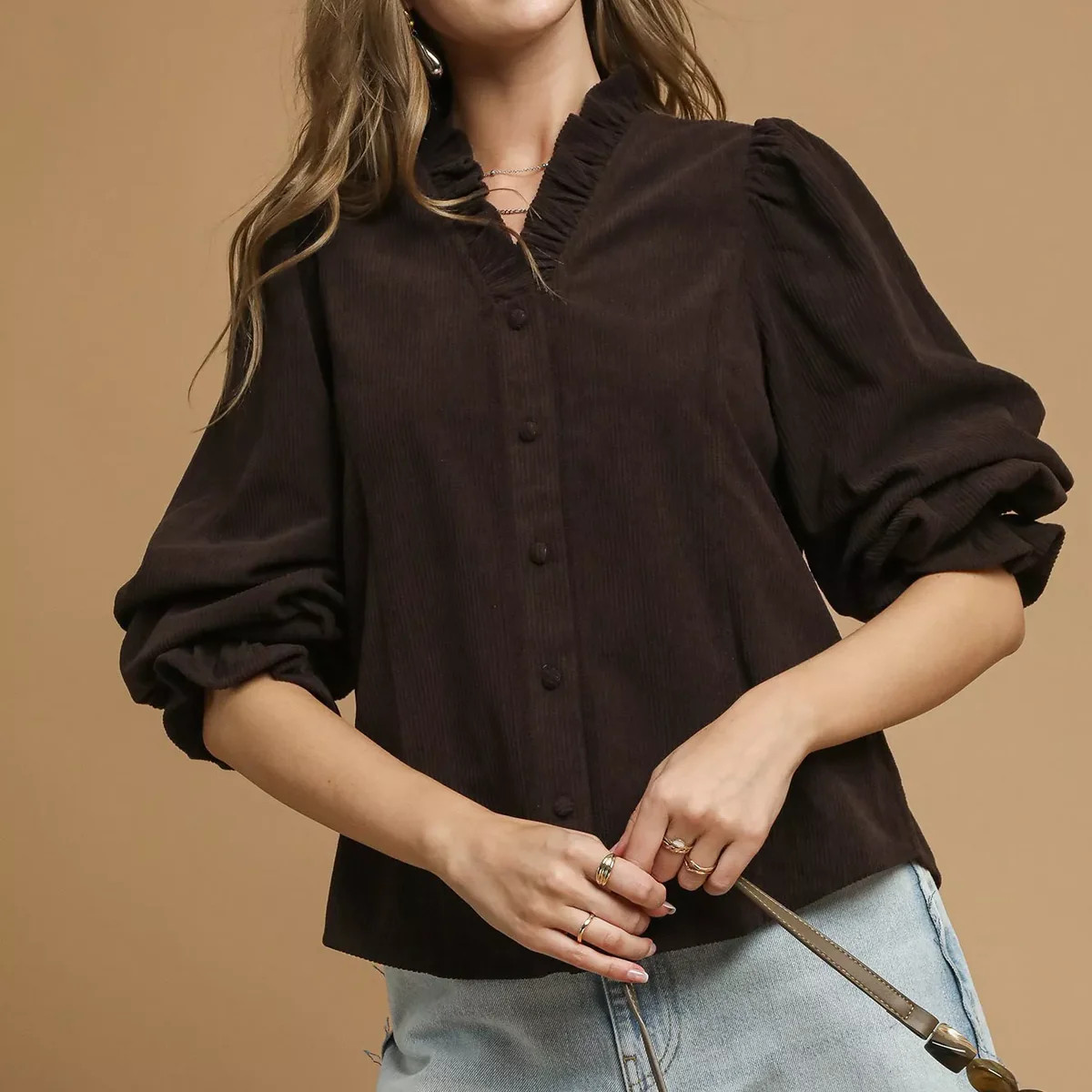 Umgee Corduroy Ruffle Shirt with Long Puff Sleeves | Charming Charlie