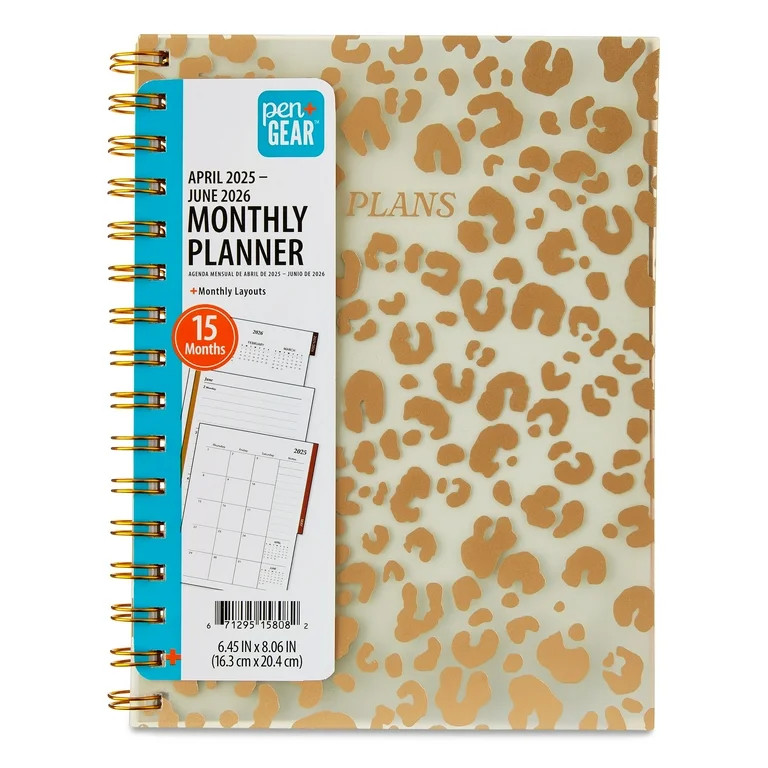 Pen+Gear Monthly Medium (6.45" x 8.06") Planner Gold Leopard 15 Month April 2025-June 2026 | Walmart (US)