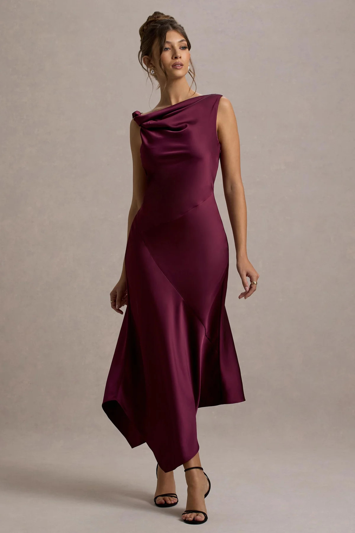 Donelli | Plum Satin Asymmetric Midi Dress | Club L London