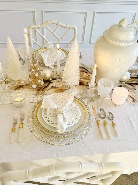 Christmas tablescape decor. The metallic dot table linens are so pretty and can be used year round. 





Amazon, Solino home, charger plate, Walmart, Cailini coastal, table setting, tabletop tree, bottle brush Christmas tree, holiday, ginger jar

#LTKHoliday #LTKhome #LTKSeasonal